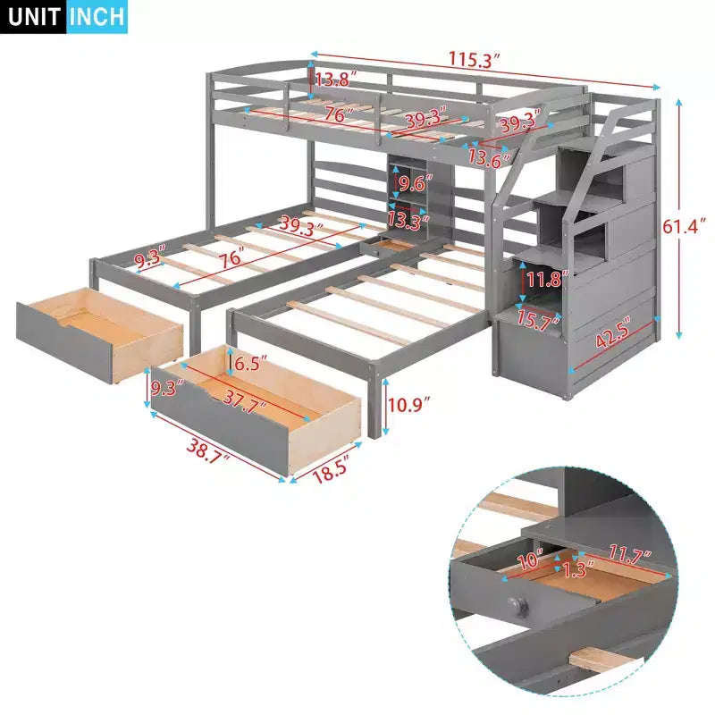 Luxystar Twin Size Triple Bunk Bed with 3 Drawers, 6 Shelves, High Guardrails and Sloped Ladder, Gray
