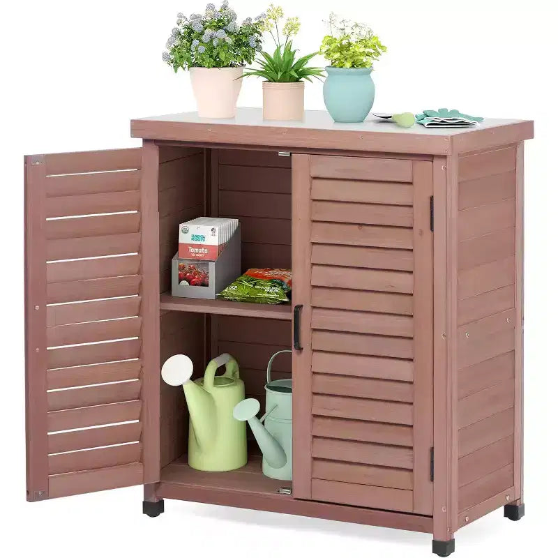 Outdoor Storage Cabinet & Potting Bench Table with Metal Top, Wooden Patio Furniture, Garden Workstation for Organized Outdoor Spaces