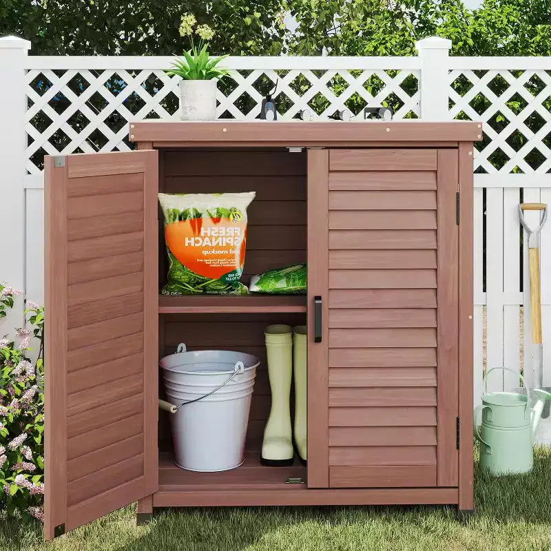 Outdoor Storage Cabinet & Potting Bench Table with Metal Top, Wooden Patio Furniture, Garden Workstation for Organized Outdoor Spaces