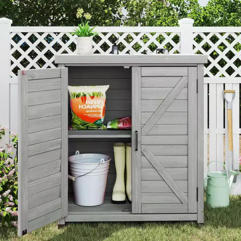 Outdoor Storage Cabinet & Potting Bench Table with Metal Top, Wooden Patio Furniture, Garden Workstation for Organized Outdoor Spaces