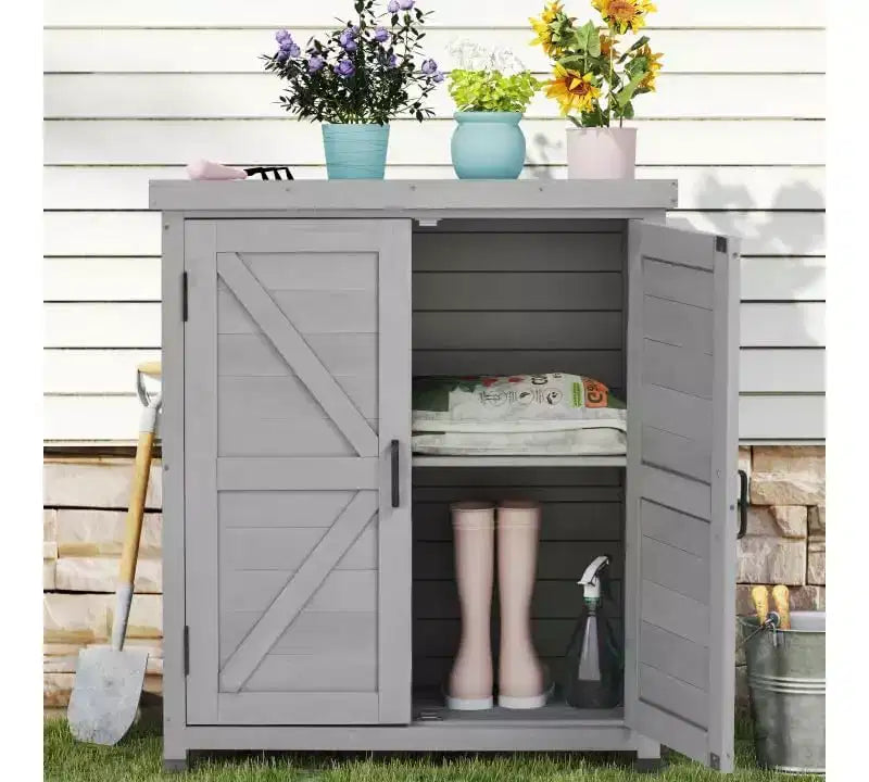 Outdoor Storage Cabinet & Potting Bench Table with Metal Top, Wooden Patio Furniture, Garden Workstation for Organized Outdoor Spaces