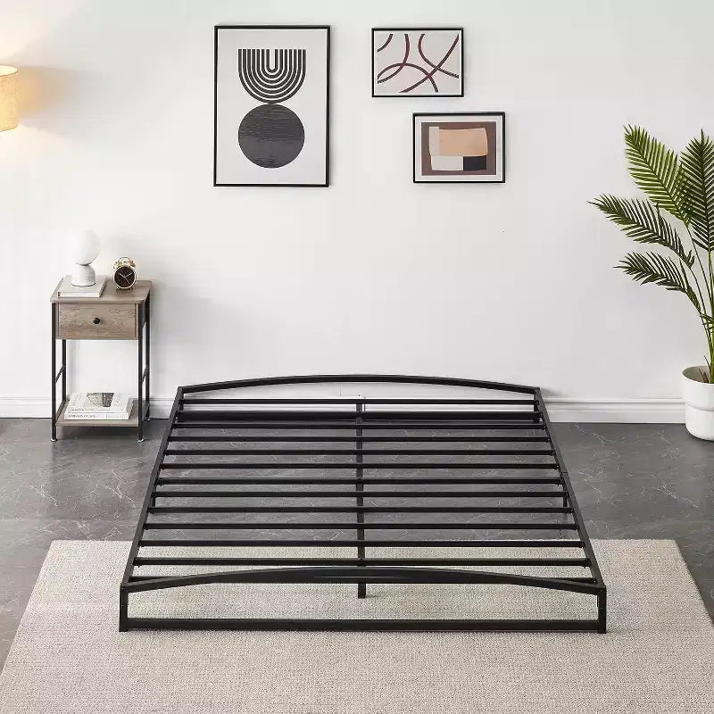 full size 6 Inches High Metal Platform Queen Size Bed Frame, Metal Slat Support, Sturdy Steel Structure