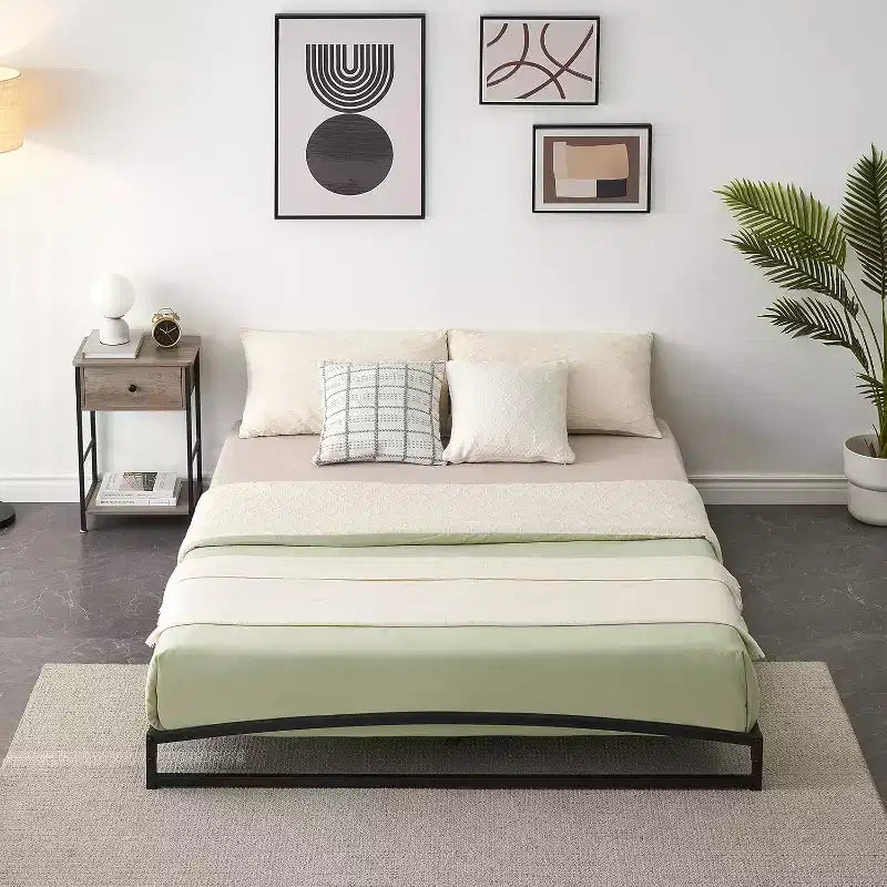 full size 6 Inches High Metal Platform Queen Size Bed Frame, Metal Slat Support, Sturdy Steel Structure